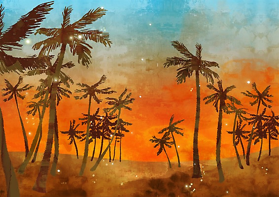 PSD 나무 식물 사계절 계절 백그라운드 일러스트 자연 하늘 풍경 사람없음 야외 여름 모래사장 야자수 노을 일몰 여름풍경 국내일러스트 자연요소 바다 생태계 파일형식 여름_계절