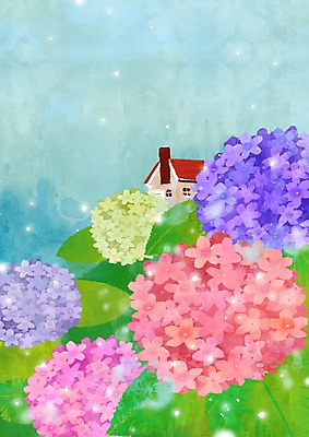 PSD 식물 건축물 사계절 계절 건축 꽃 분홍색 여러송이 백그라운드 잎 일러스트 여름꽃 자연 주택 풍경 사람없음 건물 여름 컬러풀 보라색 여름풍경 흰색 이슬 수국 국내일러스트 컬러 다수 생태계 파일형식 여름_계절