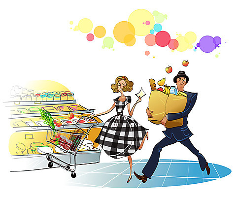 EPS 라이프스타일 부부 여자 남자 음식 빵 과일 일러스트 바나나 사람 성인 두명 쇼핑 장보기 상점 카트 쇼핑카 우유 빈티지 사과 바게트 장바구니 제빵 성인만 국내일러스트 커플 컨셉 유제품 생활 바구니 제과제빵 파일형식 벡터