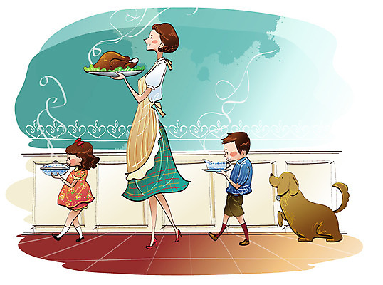 EPS 동물 라이프스타일 그릇 접시 여자 남자 딸 반려견 아들 어린이 음식 일러스트 가족 엄마 실내 요리 사람 소녀 소년 세명 식사 치킨 빈티지 개 강아지 서빙 국내일러스트 식기 컨셉 포유류 관계 내부 생활 반려동물 닭고기요리 파일형식 벡터