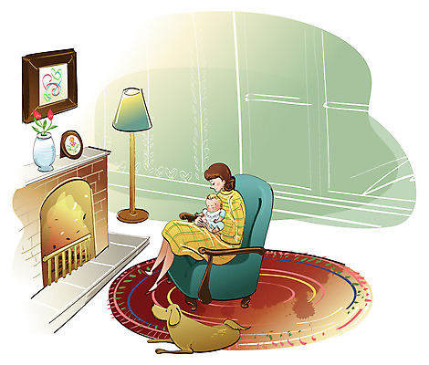 EPS 식물 동물 라이프스타일 여자 꽃 화분 반려견 액자 일러스트 가족 엄마 조명 실내 사람 두명 카펫 육아 스탠드 아기 빈티지 개 강아지 벽난로 여자만 국내일러스트 컨셉 포유류 관계 내부 생활 반려동물 파일형식 벡터