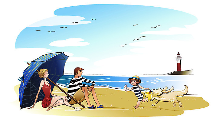 EPS 주간 동물 구름 라이프스타일 계절 여자 남자 딸 어린이 바다 여행 일러스트 가족 교통시설 갈매기 하늘 엄마 휴가 등대 사람 소녀 해변 야외 세명 여름 여름휴가 바캉스 반려동물 모래사장 파라솔 빈티지 조개껍데기 아빠 개 강아지 양동이 국내일러스트 자연요소 교통 컨셉 포유류 관계 조류 조개 생활 시설 파일형식 벡터 여름_계절