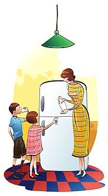 EPS 라이프스타일 여자 남자 딸 아들 어린이 음식 일러스트 가족 엄마 디저트 조명 실내 사람 소녀 소년 세명 가전제품 우유 빈티지 냉장고 국내일러스트 컨셉 관계 유제품 내부 생활 파일형식 벡터