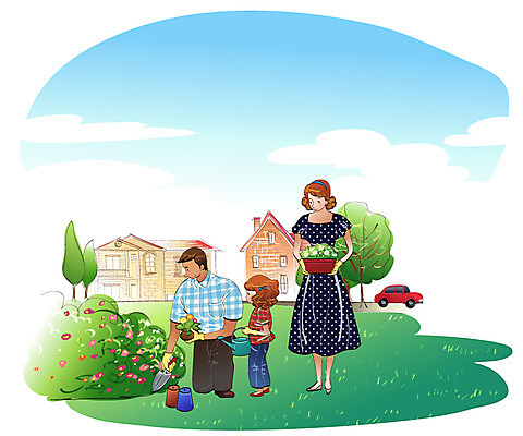 EPS 주간 나무 식물 구름 여자 남자 꽃 딸 화분 어린이 일러스트 가족 승용차 자동차 하늘 엄마 주택 사람 소녀 야외 세명 정원 물뿌리개 빈티지 아빠 삽 정원가꾸기 모종 국내일러스트 자연요소 육상교통 컨셉 관계 건물 원예 파일형식 벡터