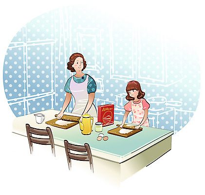 EPS 라이프스타일 여자 딸 행복 어린이 음식 의자 일러스트 가족 식탁 탁자 엄마 주전자 잔 실내 사랑 요리 사람 소녀 두명 컵 제과 빈티지 반죽 밀가루 제빵 밀대 밀가루반죽 여자만 국내일러스트 식기 감정 가구 컨셉 관계 주방용품 내부 생활 제과제빵 가루 파일형식 벡터