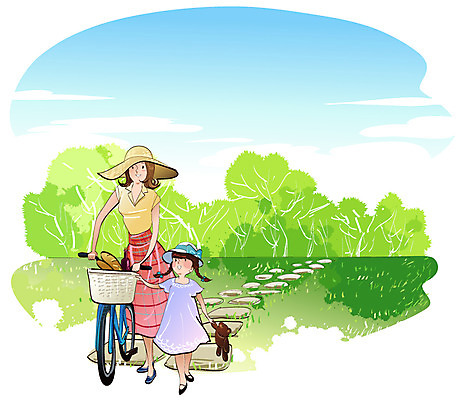 EPS 주간 나무 식물 구름 모자 라이프스타일 여자 딸 길 어린이 빵 인형 일러스트 가족 하늘 엄마 사람 소녀 잔디 초원 야외 두명 소풍 자전거 산책 빈티지 바게트 외출 제빵 여자만 국내일러스트 자연요소 잡화 음식 컨셉 관계 휴식 생활 야외활동 제과제빵 바이크 파일형식 벡터
