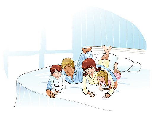 EPS 주간 라이프스타일 여자 남자 딸 행복 아들 어린이 엎드리기 일러스트 창문 가족 베개 엄마 휴식 실내 사랑 사람 소녀 소년 여러명 화목 이불 침대 빈티지 아빠 국내일러스트 자연요소 감정 가구 다수 컨셉 관계 침구 모션 내부 생활 파일형식 벡터