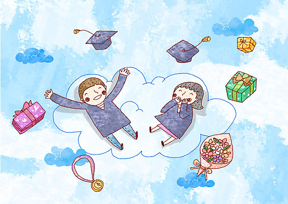 PSD 구름 학생 여학생 여자 교육 남자 꽃 남학생 꽃다발 일러스트 학사모 졸업 청소년 졸업식 졸업생 선물 사람 두명 10대 가로 선물상자 상자 만세 졸업가운 메달 십대만 국내일러스트 자연요소 식물 모자_잡화 모션 가운 상_상패 파일형식