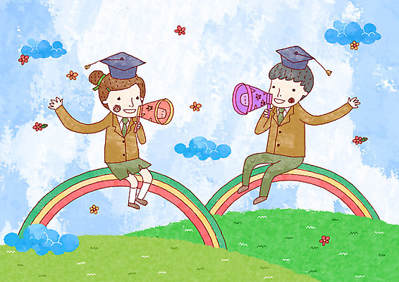 PSD 구름 학생 여학생 여자 교육 남자 꽃 교복 남학생 무지개 일러스트 학사모 졸업 청소년 졸업생 사람 초원 두명 10대 가로 확성기 알림 십대만 국내일러스트 자연요소 식물 모자_잡화 옷 파일형식