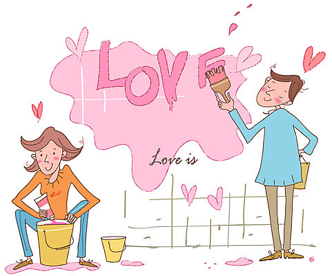 EPS 커플 여자 남자 벽 일러스트 사랑 사람 20대 성인 두명 캐주얼 페인트 물감 하트 붓 색칠 칠 페인트칠 양동이 페인트붓 청년만 성인만 국내일러스트 모양 옷 감정 관계 페인팅 청년 미술도구 파일형식 벡터