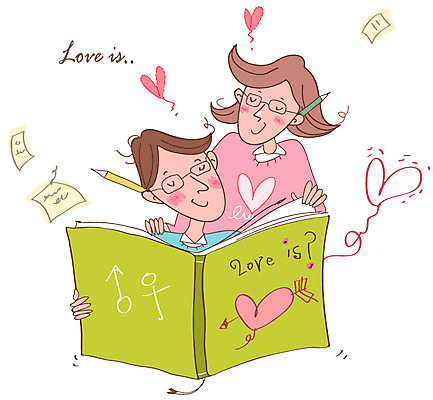 EPS 커플 여자 남자 안경 일러스트 사랑 사람 20대 성인 두명 책 캐주얼 독서 필기구 연필 하트 메모지 청년만 성인만 국내일러스트 모양 잡화 옷 감정 관계 문구용품 학용품 청년 사무용품 파일형식 벡터