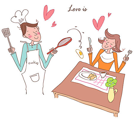 EPS 그릇 식기 접시 커플 여자 남자 커피 음식 포크 가사 일러스트 식탁 탁자 요리사모자 사랑 요리 사람 20대 성인 두명 캐주얼 꽃병 앞치마 하트 프라이팬 나이프 커피잔 계란프라이 냅킨 뒤집개 청년만 성인만 국내일러스트 모양 모자_잡화 옷 꽃 감정 음료 가구 관계 주방용품 잔 청년 요리사 칼 계란요리 파일형식 벡터