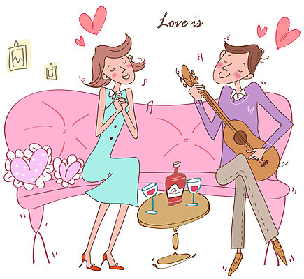EPS 커플 원피스 여자 남자 악기 액자 쿠션 연주 와인잔 데이트 음표 일러스트 탁자 현악기 사랑 사람 20대 성인 두명 캐주얼 소파 와인 음악감상 기타 하트 청년만 성인만 국내일러스트 모양 기호 옷 감정 음악 가구 술잔 의자 관계 주류 청년 감상 파일형식 벡터