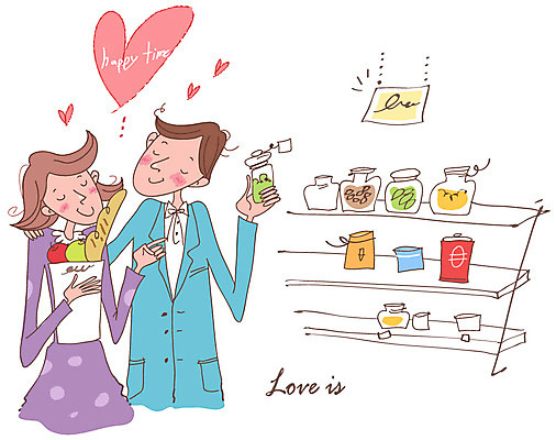 EPS 커플 원피스 여자 남자 음식 빵 과일 일러스트 사랑 사람 정장 20대 성인 두명 장보기 종이봉투 하트 병 사과 바게트 진열장 마트 청년만 성인만 국내일러스트 모양 식기 옷 감정 관계 봉투 청년 상점 파일형식 벡터