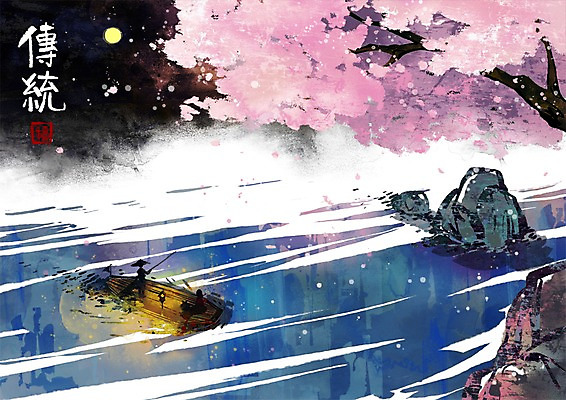 PSD 나무 식물 문자 한국전통 전통 아시아 백그라운드 수상교통 일러스트 봄꽃 조명 사람 풍경 야외 가로 강 한자 벚꽃 보름달 달 돌_바위 바위 램프 벚나무 야간 나룻배 뱃사공 동양화 낙관 직인 국내일러스트 자연요소 꽃 나라 교통수단 배_교통 한국 미술 봄 파일형식