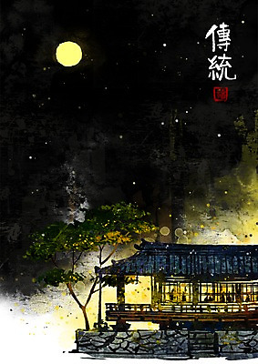 PSD 나무 식물 문자 한국전통 전통 시설물 건축 아시아 백그라운드 고건축 한국건축 일러스트 기와집 풍경 사람없음 야외 세로 계단 한자 동양건축 보름달 달 돌_바위 소나무 야간 동양화 번짐 낙관 직인 사찰나무 국내일러스트 자연요소 건축물 나라 한옥 한국 미술 파일형식 동양 효과