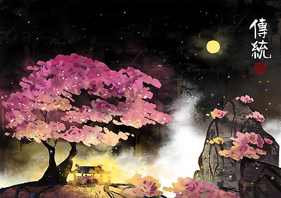 PSD 나무 식물 문자 한국전통 전통 건축 꽃 아시아 백그라운드 고건축 일러스트 산 주택 풍경 사람없음 야외 건물 가로 한자 벚꽃 보름달 달 벚나무 야간 동양화 정자 낙관 산봉우리 직인 국내일러스트 자연요소 건축물 나라 한국 미술 봉우리 파일형식