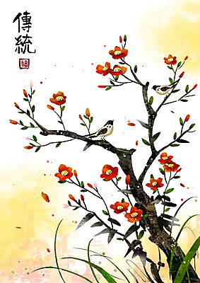 PSD 나무 식물 동물 문자 한국전통 전통 꽃 아시아 백그라운드 잎 두마리 일러스트 조류 나뭇잎 꽃나무 사람없음 세로 한자 풀 동양화 매화 참새 낙관 매화나무 직인 국내일러스트 나라 2 한국 미술 파일형식