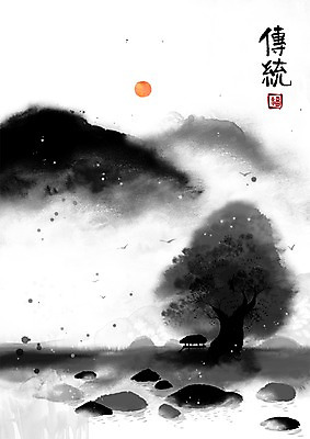 PSD 나무 식물 문자 한국전통 전통 시설물 건축 실루엣 아시아 백그라운드 고건축 한국건축 일러스트 조류 산 수묵화 풍경 초원 사람없음 세로 태양 한자 동양건축 동양화 원두막 낙관 직인 국내일러스트 자연요소 동물 건축물 나라 한국 촬영기법 미술 파일형식 동양