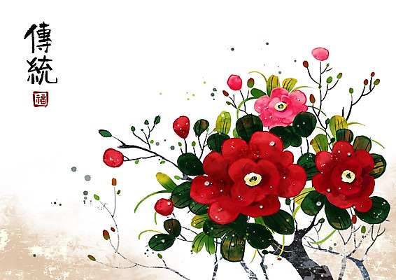 PSD 나무 식물 문자 한국전통 전통 꽃 아시아 백그라운드 일러스트 나뭇잎 꽃나무 사람없음 가로 한자 동양화 낙관 동백 직인 동백나무 국내일러스트 나라 잎 한국 미술 파일형식