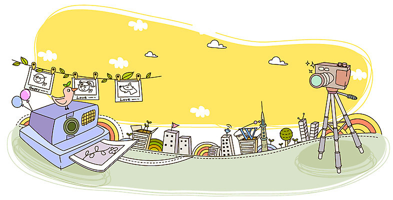 EPS 동물 구름 백그라운드 일러스트 상상 조류 하늘 풍경 이벤트 빌딩 사람없음 건물 판타지 카메라 사진촬영 촬영 도시 폴라로이드 폴라로이드사진 삼각대 국내일러스트 자연요소 건축물 전자제품 파일형식 벡터