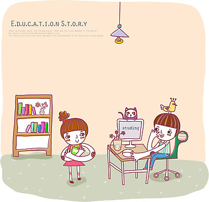 EPS 여자 어린이교육 교육 남자 초등학생 어린이 의자 일러스트 비즈니스 정보통신 책장 실내 사람 소녀 소년 두명 책 컴퓨터 마우스 어린이만 국내일러스트 학생 가구 통신 내부 전자제품 컴퓨터용품 정보 파일형식 벡터