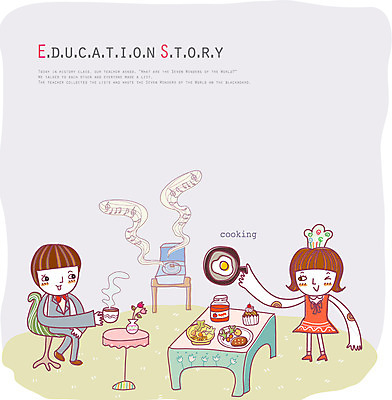EPS 여자 어린이교육 교육 남자 커피 초등학생 어린이 음식 의자 일러스트 상상 탁자 요리 사람 소녀 소년 두명 판타지 계란 요리사 식사 프라이팬 커피잔 공상 소꿉놀이 어린이만 국내일러스트 직업 학생 음료 가구 놀이 주방용품 잔 알 파일형식 벡터