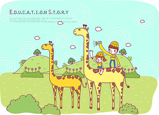 EPS 주간 나무 식물 동물 구름 모자 여자 어린이교육 교육 남자 초등학생 어린이 두마리 일러스트 상상 동물원 사람 소녀 소년 야외 두명 판타지 풀 기린 사파리 언덕 공상 어린이만 국내일러스트 자연요소 학생 잡화 2 포유류 파일형식 벡터