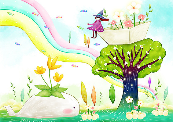 PSD 나무 식물 동물 구름 꽃잎 꽃 호수 컬러 백그라운드 일러스트 상상 요정 어류 강 판타지 풀 고래 종이배 오색 선박 가상인물 국내일러스트 자연요소 수상교통 포유류 수중동물 종이접기 파일형식