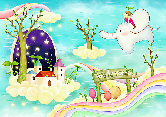 PSD 나무 식물 동물 구름 별 길 백그라운드 무지개 잎 일러스트 상상 코끼리 주택 요정 빛 판타지 새싹 팻말 비행 풀 아치 가상인물 국내일러스트 자연요소 포유류 프레임 건물 파일형식