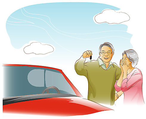 EPS 주간 구름 라이프스타일 부부 여자 할아버지 노년 남자 할머니 일러스트 승용차 자동차 하늘 열쇠 선물 사람 상반신 성인 야외 두명 실버라이프 노후 노부부 놀람 기쁨 실버 노인만 성인만 국내일러스트 자연요소 커플 감정 육상교통 표정 생활 파일형식 벡터