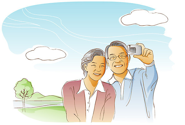 EPS 주간 나무 식물 구름 라이프스타일 부부 여자 할아버지 노년 남자 할머니 여행 일러스트 하늘 미소 웃음 사람 상반신 성인 취미 야외 두명 라이프 실버라이프 노후 카메라 노부부 사진촬영 촬영 실버 셀프카메라 기념촬영 노인만 성인만 국내일러스트 자연요소 커플 표정 생활 전자제품 파일형식 벡터