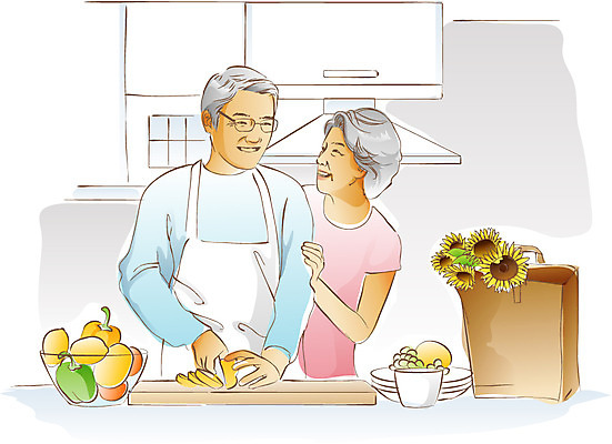 EPS 식물 라이프스타일 그릇 접시 부부 여자 할아버지 노년 남자 꽃 할머니 채소 과일 일러스트 식재료 해바라기 도마 실내 요리 미소 웃음 사람 상반신 성인 취미 두명 라이프 실버라이프 노후 주방 노부부 앞치마 실버 노인만 성인만 국내일러스트 식기 커플 주방용품 표정 내부 생활 파일형식 벡터