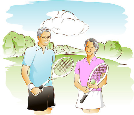 EPS 주간 나무 식물 구름 라이프스타일 부부 여자 할아버지 노년 남자 할머니 일러스트 공 하늘 건강 서기 미소 웃음 들기 사람 성인 취미 야외 두명 라이프 실버라이프 노후 운동복 운동 노부부 테니스 라켓 테니스라켓 실버 숲 테니스공 아대 노인만 성인만 국내일러스트 자연요소 커플 옷 스포츠용품 모션 표정 생활 구기 테니스용품 파일형식 벡터