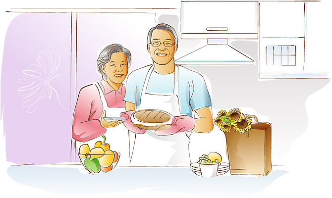 EPS 식물 라이프스타일 그릇 접시 부부 여자 할아버지 노년 남자 꽃 행복 할머니 음식 과일 일러스트 해바라기 실내 요리 미소 웃음 들기 사람 상반신 성인 취미 두명 라이프 실버라이프 노후 주방 노부부 앞치마 실버 노인만 성인만 국내일러스트 식기 커플 감정 모션 표정 내부 생활 파일형식 벡터