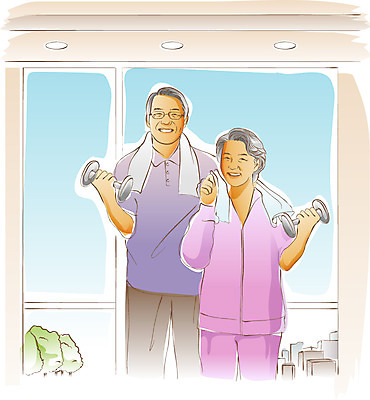 EPS 라이프스타일 부부 여자 할아버지 노년 남자 할머니 일러스트 창문 실내 건강 서기 미소 웃음 들기 사람 성인 두명 실버라이프 노후 운동복 수건 운동 노부부 아령 실버 땀 닦기 병문안 노인만 성인만 국내일러스트 커플 옷 모션 표정 내부 생활 위생용품 파일형식 벡터