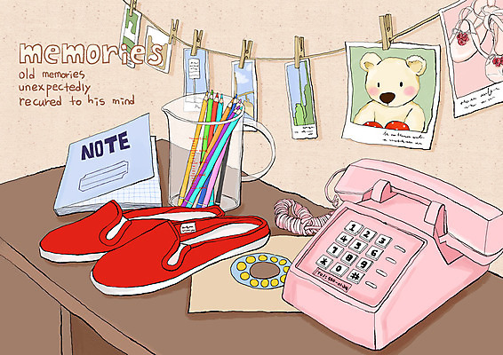 PSD 영어 백그라운드 일러스트 문구용품 실내화 사람없음 연필 사무용품 공책 전시 추억 전화기 유선전화기 책상 연필꽂이 통화 기념사진 국내일러스트 문자 가구 신발 컨셉 모션 학용품 필기구 오브젝트 파일형식