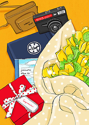 PSD 식물 꽃 리본 꽃다발 백그라운드 일러스트 포장 졸업 선물 사람없음 장식 선물상자 상자 노란색 카메라 CD 축하 졸업사진 졸업선물 기념사진 졸업앨범 카메라가방 국내일러스트 교육 컬러 컨셉 가방 전자제품 앨범 파일형식