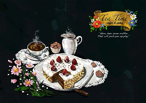 PSD 식물 접시 꽃 커피 백그라운드 주전자 티타임 사람없음 케이크 커피잔 찻잔 커피포트 각설탕 초크일러스트 딸기케이크 국내일러스트 식기 음료 일러스트 딸기 주방용품 휴식 디저트 잔 설탕 파일형식