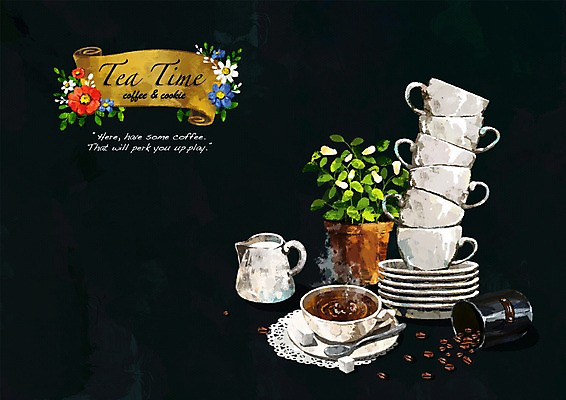 PSD 식물 접시 꽃 화분 커피 음식 백그라운드 일러스트 티타임 나뭇잎 잔 사람없음 장식 원두 캔 커피잔 찻잔 티스푼 각설탕 컵받침 초크일러스트 초크아트 크리머 국내일러스트 식기 음료 잎 휴식 숟가락 설탕 받침대 그림 파일형식