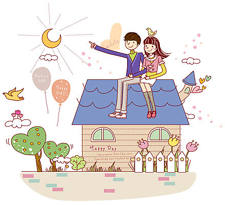 EPS 나무 식물 동물 구름 커플 여자 열매 남자 꽃 행복 감정 데이트 일러스트 조류 지붕 주택 굴뚝 사랑 웃음 사람 앉기 손짓 이벤트 두명 건물 울타리 팔짱 다정 달 하트 가리킴 초승달 화단 연애 국내일러스트 자연요소 모양 건축물 컨셉 관계 모션 표정 담장 파일형식 벡터