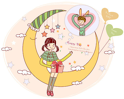 EPS 구름 모자 커플 여자 남자 행복 감정 별 생각 일러스트 상상 선물 사랑 웃음 사람 앉기 이벤트 두명 선물상자 달 하트 초승달 토끼머리띠 연애 국내일러스트 자연요소 모양 잡화 관계 모션 표정 상자 머리띠 파일형식 벡터