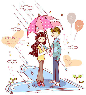 EPS 식물 구름 커플 여자 남자 행복 감정 잎 데이트 일러스트 우산 날씨 사랑 서기 웃음 사람 이벤트 두명 물 새싹 다정 하트 비 빗방울 연애 풍선 국내일러스트 자연요소 모양 컨셉 관계 모션 표정 비_날씨 파일형식 벡터