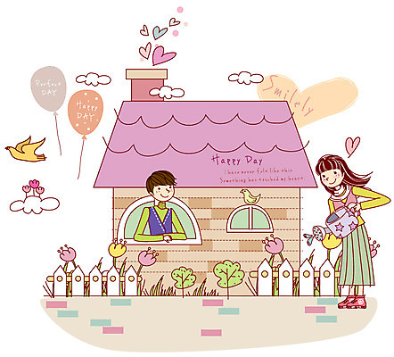 EPS 식물 동물 구름 커플 여자 남자 꽃 행복 감정 데이트 일러스트 창문 조류 굴뚝 사랑 서기 웃음 사람 이벤트 두명 울타리 정원 다정 물뿌리개 하트 물주기 원예 화단 연애 국내일러스트 자연요소 모양 컨셉 관계 모션 표정 취미 담장 파일형식 벡터