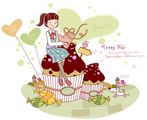 EPS 여자 행복 음식 일러스트 사랑 사람 이벤트 케이크 하트 머핀 풍선 여자만 국내일러스트 모양 감정 빵 디저트 파일형식 벡터