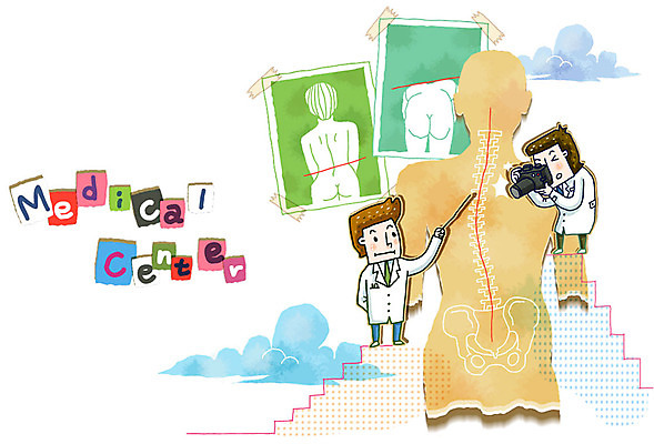 EPS 여자 남자 일러스트 의학 뼈 건강 병원 등뼈 사람 성인 두명 신체부위 치료 카메라 건강관리 사진촬영 진료 의사 질병 균형 허리 척추 질병관리 교정 골반 기념사진 척추측만증 성인만 국내일러스트 관리 전자제품 촬영 의료진 파일형식 벡터