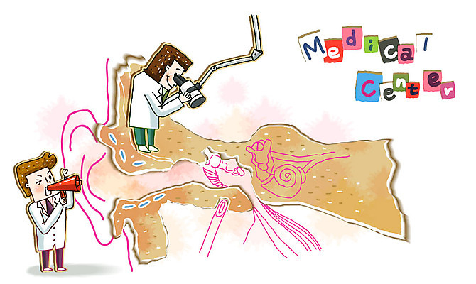 EPS 남자 일러스트 의학 건강 병원 관리 사람 성인 두명 치료 건강관리 확성기 진료 의사 장기 질병 검사_조사 질병관리 귀 청각 감각기관 달팽이관 이명 이비인후과 중이염 남자만 성인남자만 성인만 국내일러스트 신체 신체부위 의료진 장기_의학 파일형식 벡터