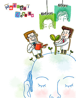 EPS 식물 남자 화분 얼굴 일러스트 의학 건강 병원 미소 웃음 사람 성인 두명 신체부위 치료 머리카락 머리 새싹 건강관리 진료 물뿌리개 의사 질병 질병관리 대머리 모발이식 탈모 탈모클리닉 전후 남자만 성인남자만 성인만 국내일러스트 헤어스타일 표정 관리 의료진 비교 클리닉 증상 파일형식 벡터