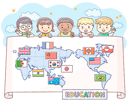 EPS 외국인 구름 여자 어린이교육 교육 남자 별 어린이 세계지도 지도 일러스트 하늘 사람 소녀 소년 여러명 세계 글로벌 국기 다인종 글로벌교육 다국적 에듀 어린이만 국내일러스트 자연요소 다수 인종 에듀케이션 파일형식 벡터