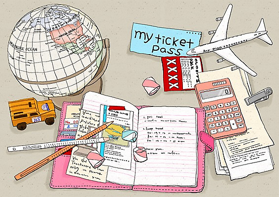 PSD 해외여행 여행 백그라운드 일러스트 휴가 비행기 집게 사람없음 필기구 연필 지구본 모형 다이어리 전자계산기 계산기 티켓 항공권 여행용품 자동차모형 국내일러스트 해외 항공교통 문구용품 학용품 대중교통 사무용품 장비 오브젝트 파일형식